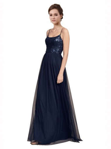 Bleu marine foncé Trapèze Bretelles spaghetti Tulle Dentelle Longue Robes demoiselle d'honneur en Gros