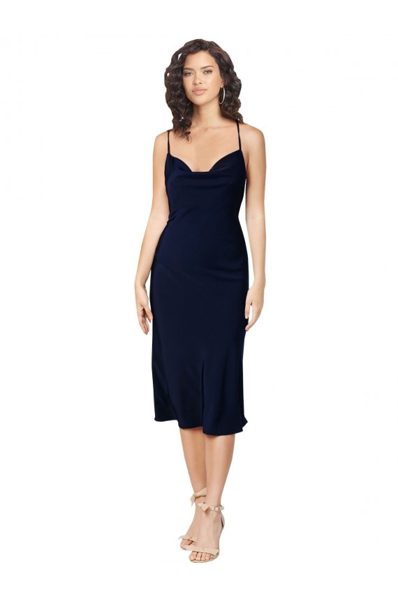 Bleu marine foncé Trapèze Bretelles spaghetti midi Satiné Soyeux Courte Robes demoiselle d'honneur / Robes de soirée / Robes de cocktail en Gros
