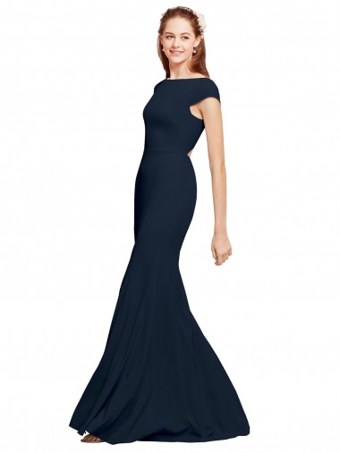 Bleu marine foncé Trapèze Col Bateau Crêpe Stretch Longue Formelles Robes demoiselle d'honneur / Robes de soirée / Robes de bal en Gros