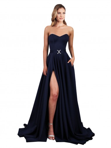 Bleu marine foncé Trapèze Col Haut Crêpe Stretch Longue Formelles Robes demoiselle d'honneur / Robes de soirée / Robes de bal en Gros