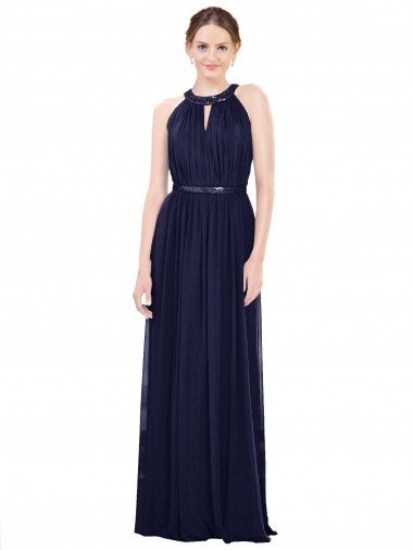 Bleu marine foncé Trapèze Col Haut Mousseline Longue Robes demoiselle d'honneur en Gros