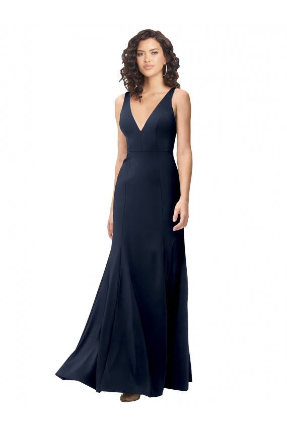 Bleu marine foncé Trapèze Col V Crêpe Stretch Longue Formelles Robes demoiselle d'honneur / Robes de soirée / Robes de bal en Gros