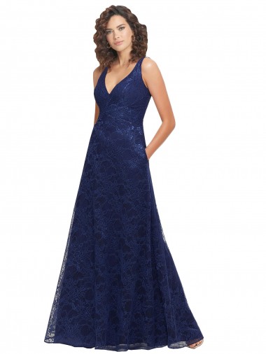 Bleu marine foncé Trapèze Col V Dentelle Longue Robes demoiselle d'honneur en Gros
