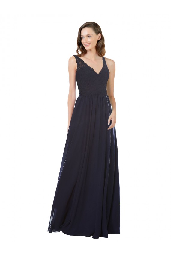 Bleu marine foncé Trapèze Col V Mousseline Dentelle Longue Robes demoiselle d'honneur en Gros