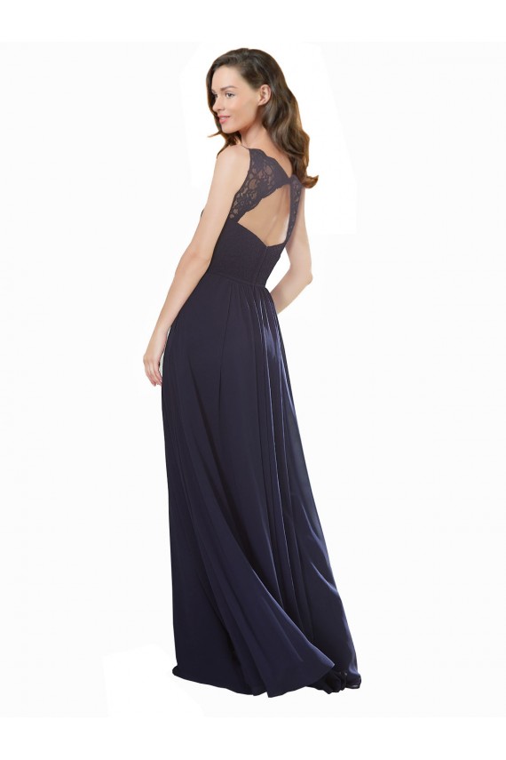Bleu marine foncé Trapèze Col V Mousseline Dentelle Longue Robes demoiselle d'honneur en Gros