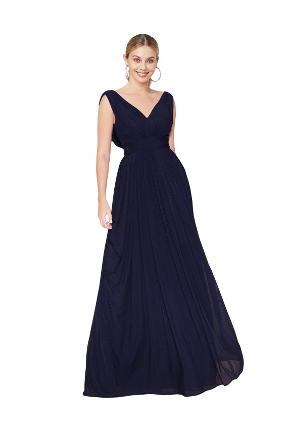 Bleu marine foncé Trapèze Col V Mousseline Longue Formelles Robes demoiselle d'honneur / Robes de soirée / Robes de bal en Gros