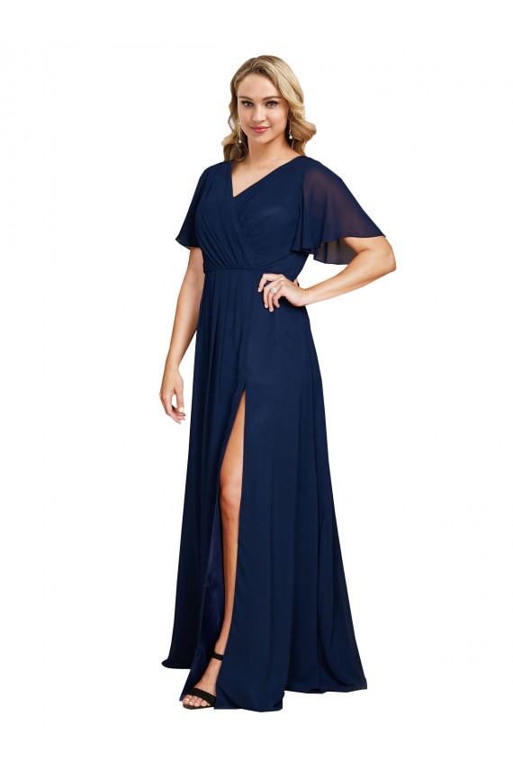 Bleu marine foncé Trapèze Col V Mousseline Longue Formelles Robes demoiselle d'honneur / Robes de soirée / Robes de bal en Gros