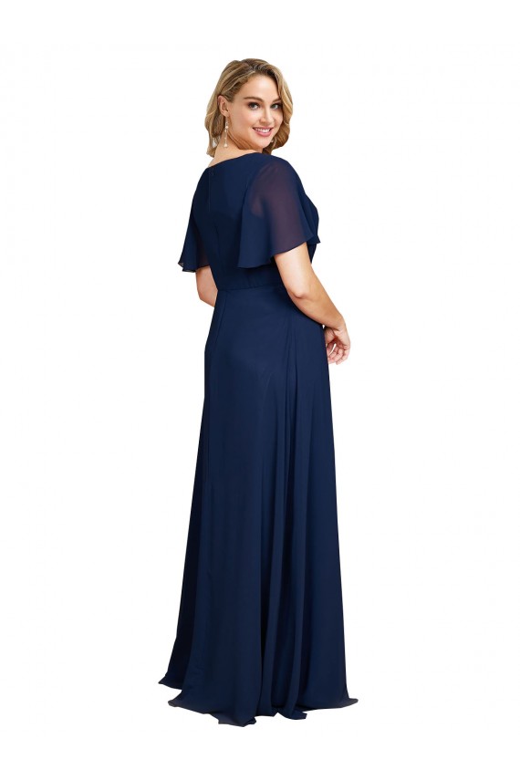 Bleu marine foncé Trapèze Col V Mousseline Longue Formelles Robes demoiselle d'honneur / Robes de soirée / Robes de bal en Gros