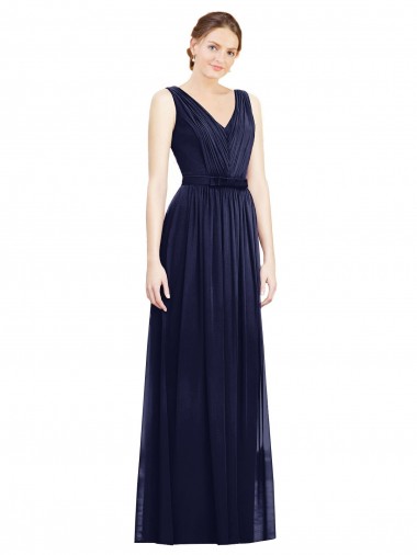 Bleu marine foncé Trapèze Col V Mousseline Longue Robes demoiselle d'honneur en Gros