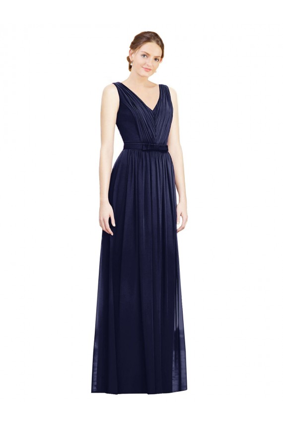 Bleu marine foncé Trapèze Col V Mousseline Longue Robes demoiselle d'honneur en Gros