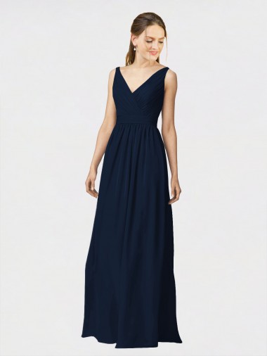 Bleu marine foncé Trapèze Col V Mousseline Longue Robes demoiselle d'honneur en Gros