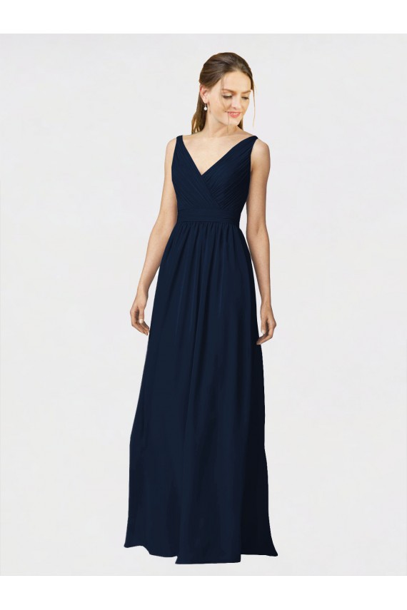Bleu marine foncé Trapèze Col V Mousseline Longue Robes demoiselle d'honneur en Gros