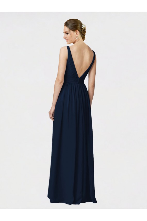 Bleu marine foncé Trapèze Col V Mousseline Longue Robes demoiselle d'honneur en Gros
