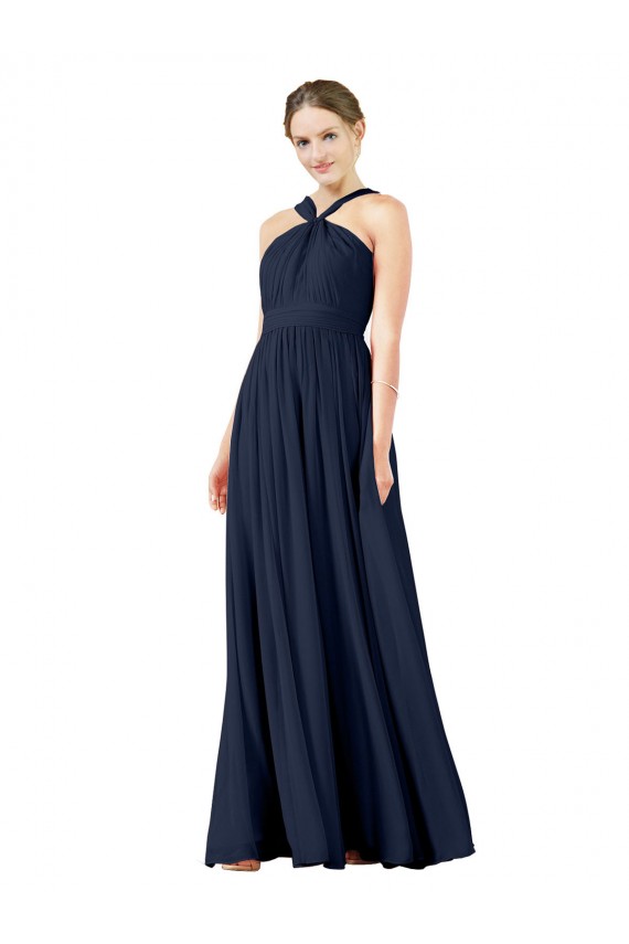 Bleu marine foncé Trapèze Col V Mousseline Longue Robes demoiselle d'honneur en Gros
