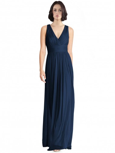 Bleu marine foncé Trapèze Col V Mousseline Longue Robes demoiselle d'honneur en Gros