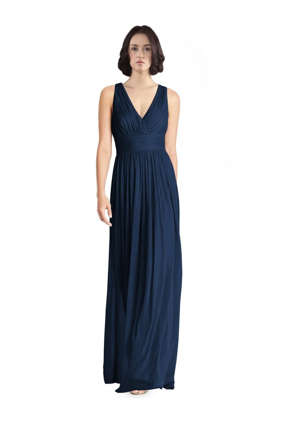 Bleu marine foncé Trapèze Col V Mousseline Longue Robes demoiselle d'honneur en Gros