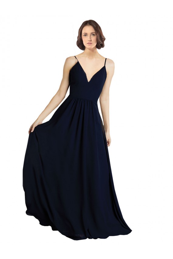 Bleu marine foncé Trapèze Col V Mousseline Longue Robes demoiselle d'honneur en Gros