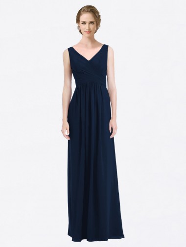 Bleu marine foncé Trapèze Col V Mousseline Longue Robes demoiselle d'honneur en Gros
