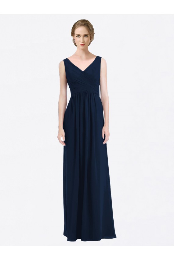 Bleu marine foncé Trapèze Col V Mousseline Longue Robes demoiselle d'honneur en Gros