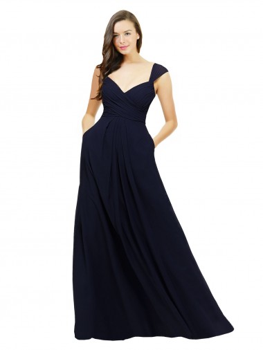 Bleu marine foncé Trapèze Col V Mousseline Longue Robes demoiselle d'honneur en Gros