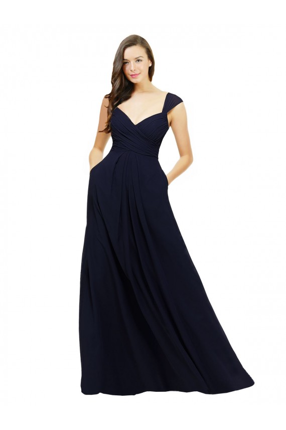 Bleu marine foncé Trapèze Col V Mousseline Longue Robes demoiselle d'honneur en Gros