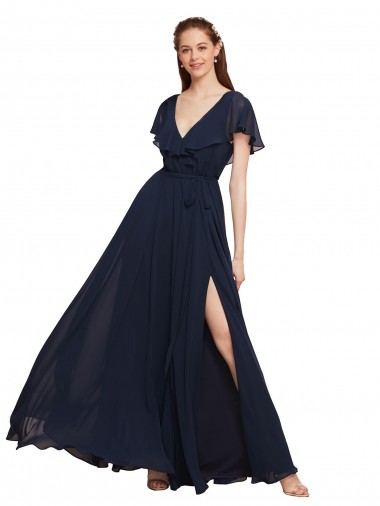 Bleu marine foncé Trapèze Col V Mousseline Longue Robes demoiselle d'honneur en Gros