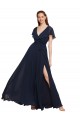 Bleu marine foncé Trapèze Col V Mousseline Longue Robes demoiselle d'honneur en Gros
