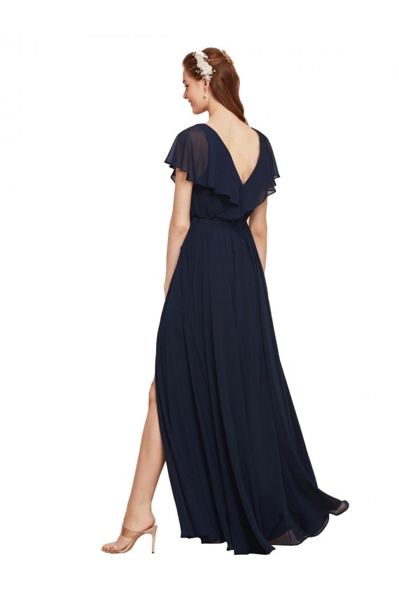 Bleu marine foncé Trapèze Col V Mousseline Longue Robes demoiselle d'honneur en Gros