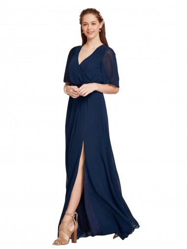 Bleu marine foncé Trapèze Col V Mousseline Longue Robes demoiselle d'honneur en Gros