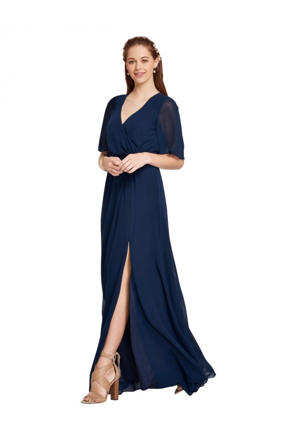 Bleu marine foncé Trapèze Col V Mousseline Longue Robes demoiselle d'honneur en Gros