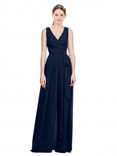 Bleu marine foncé Trapèze Col V Mousseline Longue Robes demoiselle d'honneur en Gros
