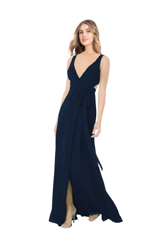 Bleu marine foncé Trapèze Col V Mousseline Longue Robes demoiselle d'honneur en Gros