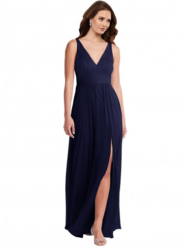 Bleu marine foncé Trapèze Col V Mousseline Longue Robes demoiselle d'honneur en Gros