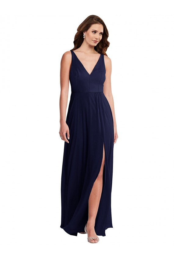 Bleu marine foncé Trapèze Col V Mousseline Longue Robes demoiselle d'honneur en Gros