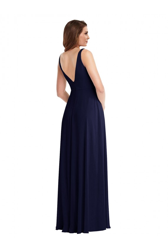 Bleu marine foncé Trapèze Col V Mousseline Longue Robes demoiselle d'honneur en Gros