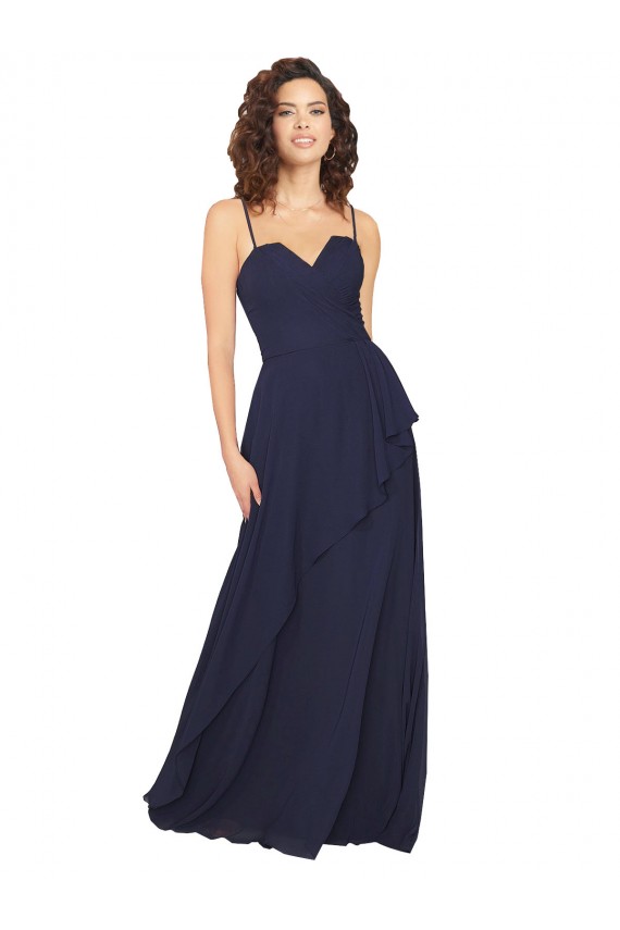 Bleu marine foncé Trapèze Col V Mousseline Longue Robes demoiselle d'honneur en Gros