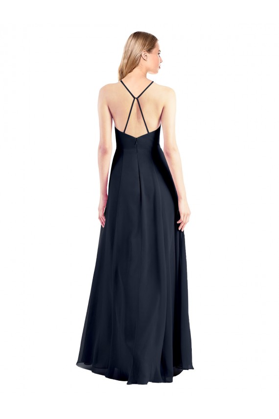 Bleu marine foncé Trapèze Col V Mousseline Longue Robes demoiselle d'honneur / Robes de bal en Gros