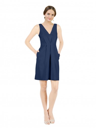 Bleu marine foncé Trapèze Col V Satiné Courte Robes demoiselle d'honneur / Robes de cocktail en Gros