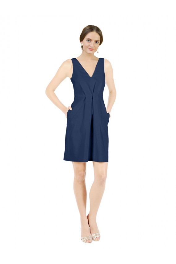 Bleu marine foncé Trapèze Col V Satiné Courte Robes demoiselle d'honneur / Robes de cocktail en Gros
