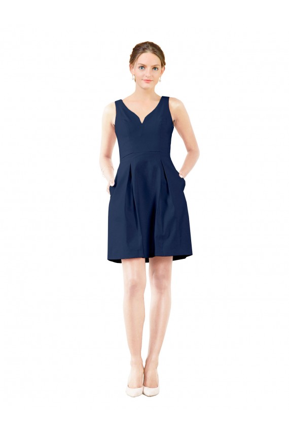 Bleu marine foncé Trapèze Col V Satiné Courte Robes demoiselle d'honneur / Robes de cocktail en Gros