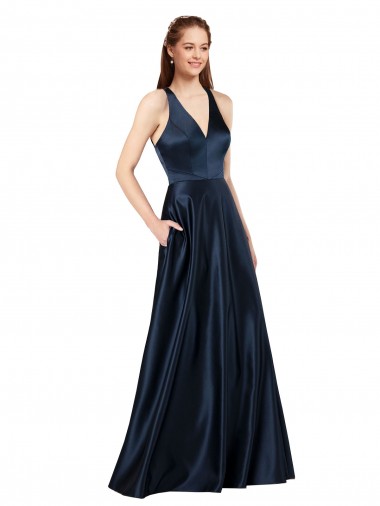 Bleu marine foncé Trapèze Col V Satiné Longue Formelles Robes demoiselle d'honneur / Robes de soirée / Robes de bal en Gros