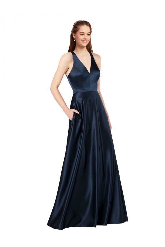 Bleu marine foncé Trapèze Col V Satiné Longue Formelles Robes demoiselle d'honneur / Robes de soirée / Robes de bal en Gros