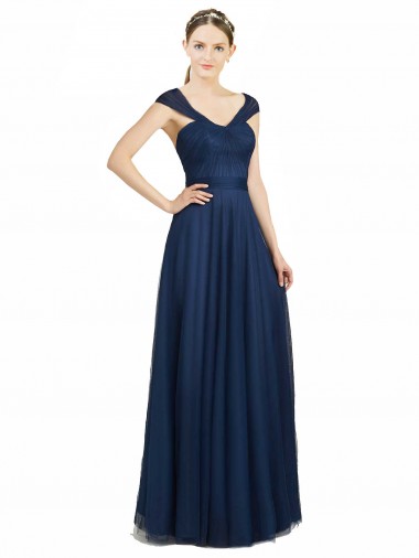 Bleu marine foncé Trapèze Col V Tulle Longue Robes demoiselle d'honneur en Gros