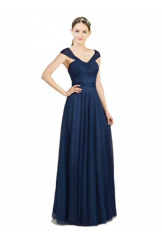 Bleu marine foncé Trapèze Col V Tulle Longue Robes demoiselle d'honneur en Gros