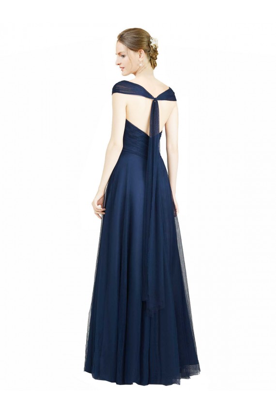 Bleu marine foncé Trapèze Col V Tulle Longue Robes demoiselle d'honneur en Gros