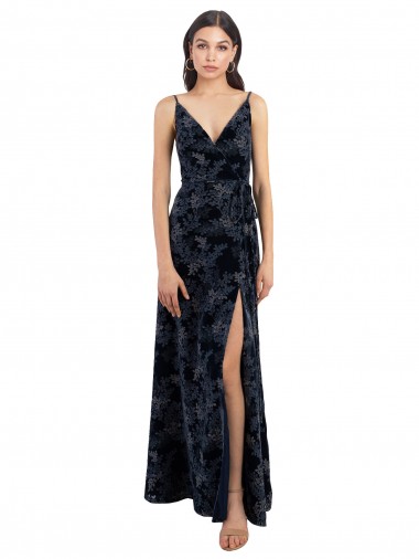 Bleu marine foncé Trapèze Col V Velours Floral Velours Stretch Longue Robes demoiselle d'honneur en Gros