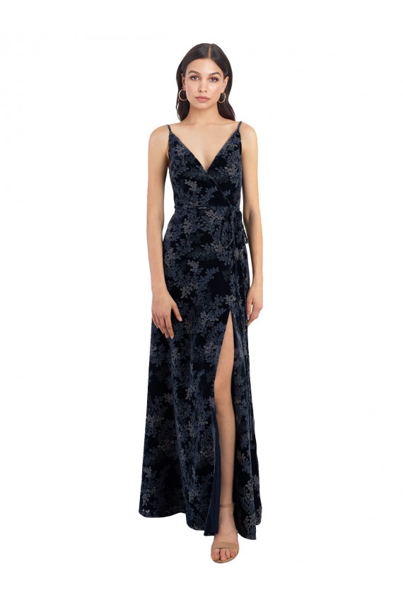 Bleu marine foncé Trapèze Col V Velours Floral Velours Stretch Longue Robes demoiselle d'honneur en Gros