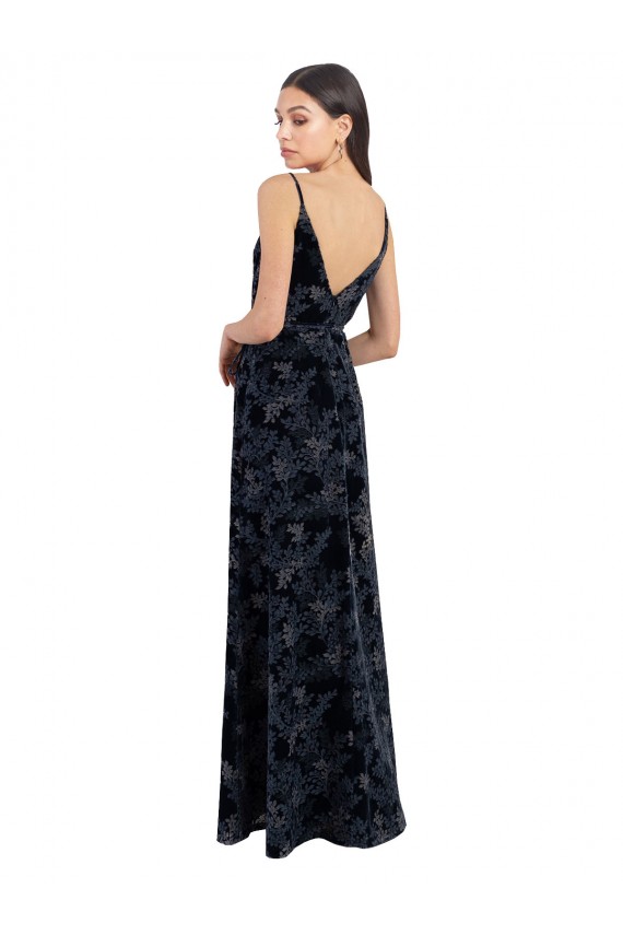 Bleu marine foncé Trapèze Col V Velours Floral Velours Stretch Longue Robes demoiselle d'honneur en Gros