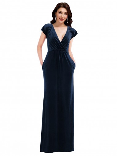 Bleu marine foncé Trapèze Col V Velours Stretch Longue Formelles Robes demoiselle d'honneur / Robes de soirée / Robes de bal en Gros