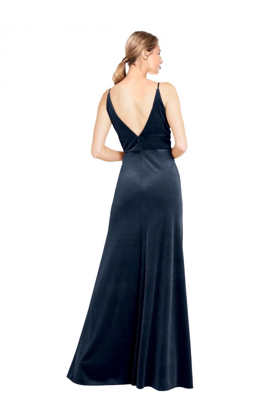 Bleu marine foncé Trapèze Col V Velours Stretch Longue Robes demoiselle d'honneur / Robes de bal en Gros